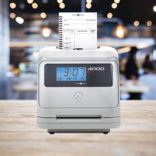Pyramid Time Systems Model 4000 Auto Totaling Time Clock, 50 Employees, Includes 25 time Cards, Ribbon, 2 Security Keys and User Guide, Made in USA, Silver, "7.25""h x 7""w x 6.75"" d"