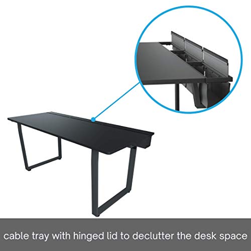 DEZCTOP Bifrost 63W x 28D Gaming PC Computer Desk, Large Workstation for Gamers or Home Office with Reserved Space for Headset/Cup Holders, Cable Management, Stainless Steel Frame (Black) (Black)