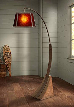 Franklin Iron Works Rustic Farmhouse Mission Arc Floor Lamp 66 1/2" Tall Dark Rust Natural Wood Amber Mica Drum Shade