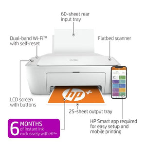 HP DeskJet 2752e All-in-One Wireless Color Inkjet Printer，Print Scan Copy - Icon LCD Display, 4800 x 1200 dpi, WiFi, Bluetooth, Hi-Speed USB, White，W/Silmarils Printer Cable
