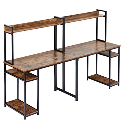 PovKeever - Home Office Double Workstation Desk, Two Person Computer Desk with Storage, Spacious Tabletop, Multifunction Writing Desk with Shelf（Brown）