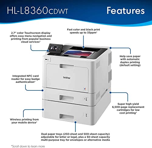 Brother Premium L-8360CDWT Series Business Color Laser Printer I Wireless I Mobile Printing I NFC I Auto 2-Sided Printing I 2.7" Color Touchscreen I 33 ppm I 750 Sheets Tray Capacity + Printer Cable