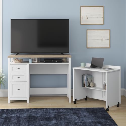 Sauder Cottage Road White Finish Credenza Desk, L: 53.15" x W: 21.81" x H: 39.02