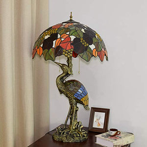 Xiaohu Rustic Tiffany Style Male Crane Table Lamp, 50CM Brown Grape Glass Lampshade Night Light