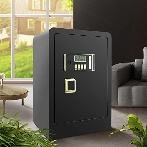 ETE ETMATE 4.0 Cub Large Safe Box Fireproof Waterproof, Digital Home Safe with Fireproof Document Bag, Double Safety Key Lock and LCD Screen, Built In Cabinet Box, Removable Shelf, LED Light, Money Safe for Home Office Hotel (Black, US STOCK)