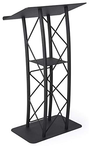 Displays2go Black Aluminum and Steel Truss Lectern with Built-in Shelf, 47" Tall, Textured Finish