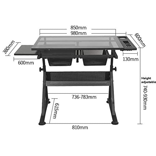 XIONGGG Multifunctional Glass Drafting Table Height Adjustable Drawing Desk W/ 2 Storage Drawer, Tiltable Desk Art Table