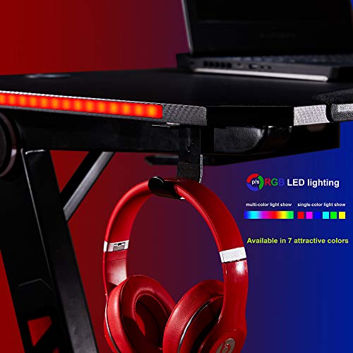 Gaming Desk LED Lights Z-Shaped Ergonomic Computer Desk Comfortable for PC Gamers Home Office Racing Table Workstation with RGB LED Lights, Headphone Hook (47.2" L x 27.6" W x 30.7" H)