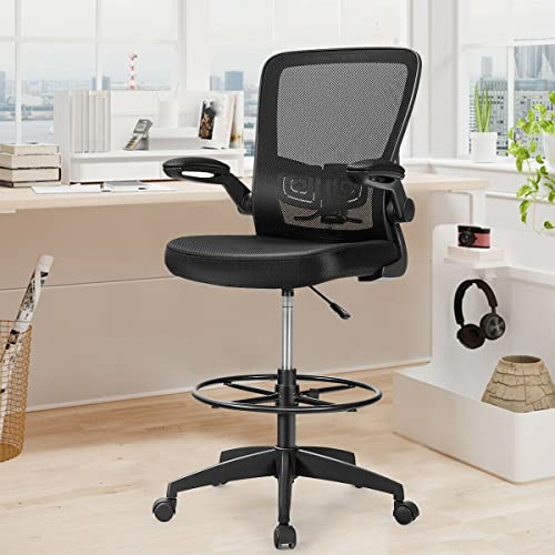 Drafting Chair Tall Office Chair Adjustable Height w/Lumbar Support Flip Up Arms