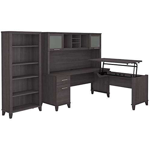 Bush Furniture UrbanPro Sit to Stand L Desk Set with Bookcase in Storm Gray - Engineered Wood