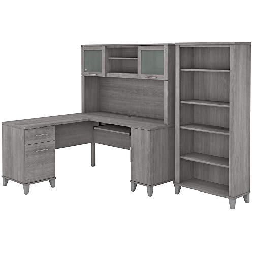Bush Furniture Somerset L Shaped Desk with Hutch and 5 Shelf Bookcase, 60W, Platinum Gray