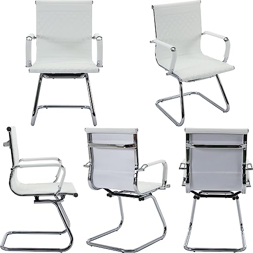 BESTANO Office Guest Chairs Set of 4 - Mid Back Modern PU Leather Desk Chairs, White