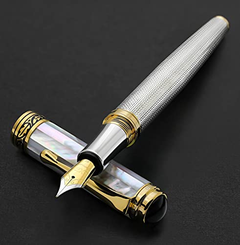Xezo Maestro Solid 925 Sterling Silver and Oceanic Origin White Mother of Pearl Handcrafted and Serialized Medium Nib Fountain Pen. 18k Gold Plated. No Two Alike