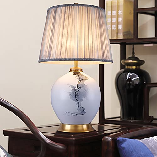 YUHUAWF Bedside Lamp White Ceramics Table Lamp with Fabric Lampshade - Chinese Style 28.7" H Dimmable