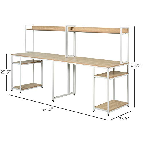 HOMCOM Industrial Double Computer Desk with Hutch and Storage Shelves, Extra Long Home Office Writing Table 2 Person Workstation, CPU Stand, Oak Wood Grain