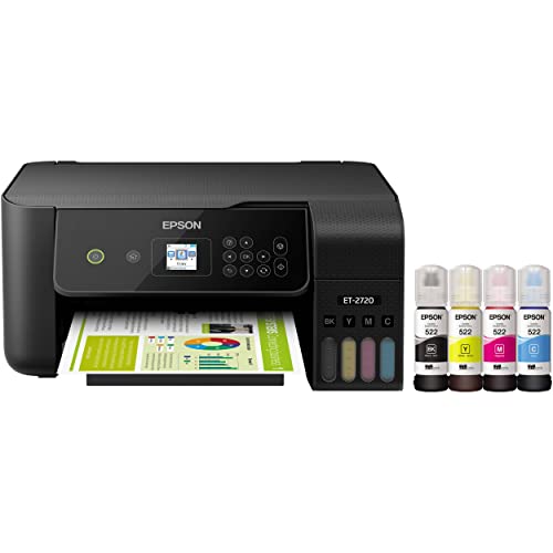 Epson EcoTank ET-2720B Wireless Color Inkjet All-in-One Supertank Printer for Home Office, Black - Print Scan Copy - 10.5 ppm, 5760 x 1440 dpi, Voice Activated Borderless Photo Printing, Ethernet