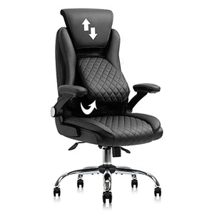 YAMASORO Executive Office Chair with Flip-up Armrests - Adjustable Headrest, Tilt, and Lumbar Support - Black Bonded Leather