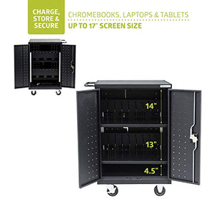 Pearington 20 Device Mobile Charging and Storage Cart for iPads, Chromebooks and Laptop Computers, Up To 17-Inch Screen Size, Surge Protection, Front & Back Access Locking Cabinet, Black