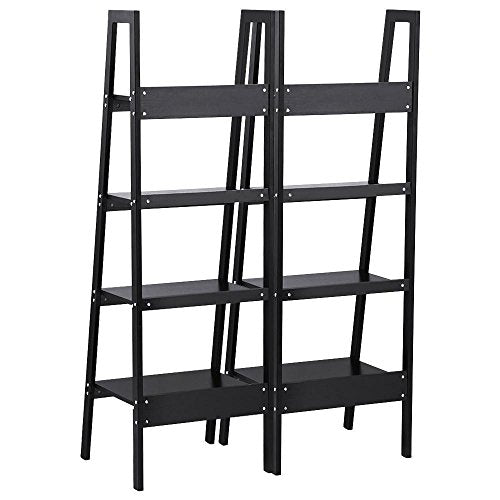 Topeakmart 4 Shelf Floor Standing Leaning/Corner Ladder Shelf Black Wood Bookcase/Bookshelf with Metal Legs/Frame