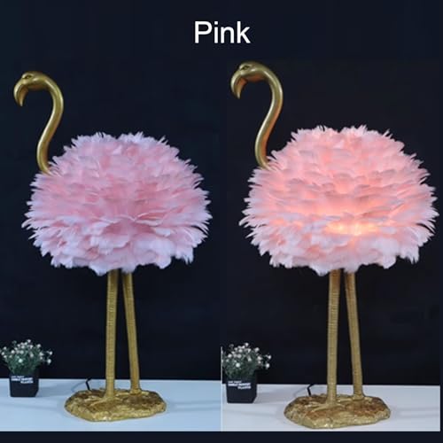 ExaRp Flamingo-shaped LED Desk Lamp with Feather Lampshade - Modern Resin + Goose Feather, 3 Colors, Remote Switch - Bedroom, Living Room, Balcony