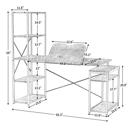 65.3''L-Drafting Table Multi-Function Drawing Table with Adjustment Table Board Computer Desk Writing Desk Workstation for Office Home with Bookshelves Hutch Rusty