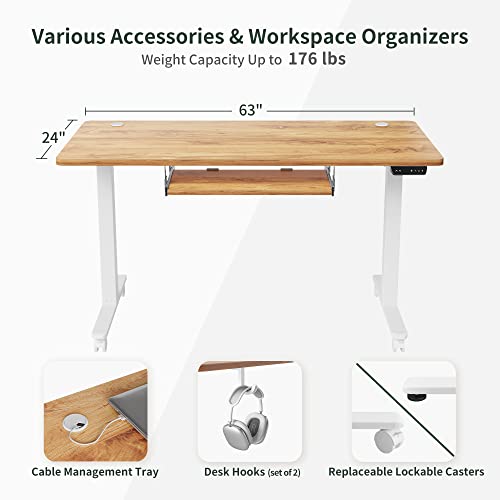 BANTI Adjustable Height Standing Desk 63''x24'' with Keyboard Tray, Sit Stand Up Desk for Home Office, Light Rustic Brown