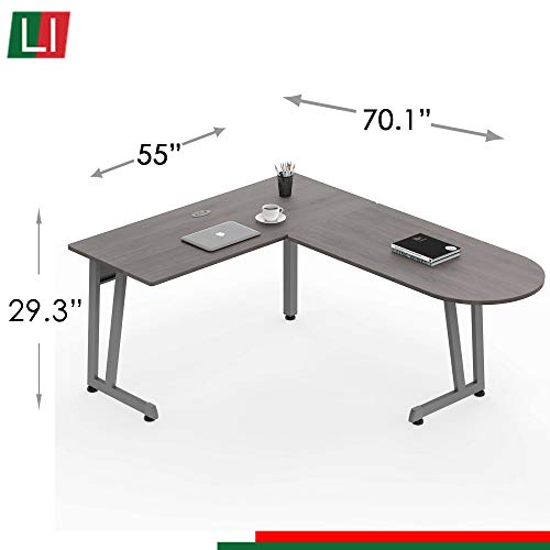 Linea Italia Workstation L-Shaped Corner Easy to Assemble Executive Desk | Computer Table for Home or Office, 55" x 71", Ash