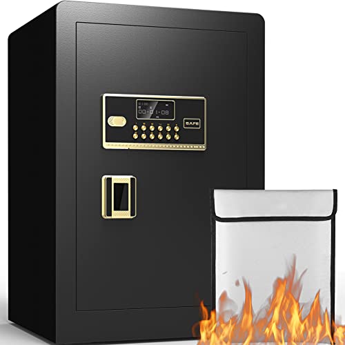 2.2 Cub Large Home Safe Fireproof Waterproof, Security Safe Box with Fireproof Waterproof Money Bag, with Digital Keypad and Key Lock, Built In Cabinet Box, Double Keys, Removable Shelf for Jewelry, Documents