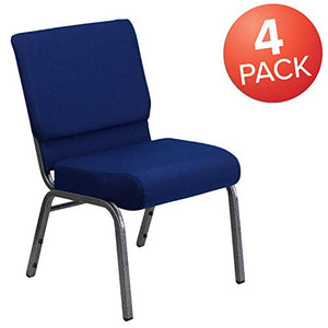 EMMA + OLIVER Stacking Church Chair 4 Pack 21" W Navy Blue Fabric - Silver Vein Frame