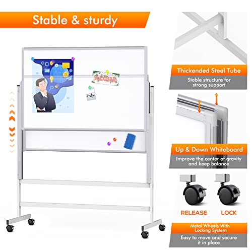 Dry Erase Whiteboard Height Adjustable, Easel Stand White Board on Wheels - 60 x 48 inches Large Mobile Dry Erase Board, Double Sided Magnetic Whiteboard for Office Home Classroom, Sliding Up & Down