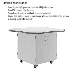 Diversified Woodcrafts Mobile Collaboration School Workstation, 60"x60"x30", Wave Design, Black Top, Red Edge, Oak, 2 Cabinets, Makerspace, Art Classroom