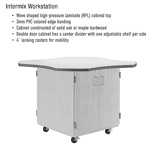 Diversified Woodcrafts Mobile Collaboration School Workstation, 60"x60"x30", Wave Design, Black Top, Red Edge, Oak, 2 Cabinets, Makerspace, Art Classroom