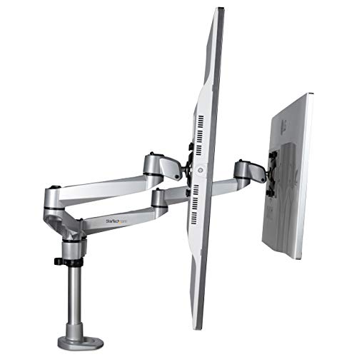 StarTech.com Desk Mount Dual Monitor Arm - Premium Articulating Monitor Arm - up to 27 VESA Mount Displays - Height Adjustable Monitor Mount - Rotate/Tilt/Swivel - Clamp/Grommet - Silver (ARMDUALPS)