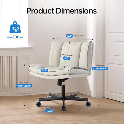 LEAGOO Armless Desk Chair with Wheels, PU-Leather, Swivel, Height Adjustable - Beige