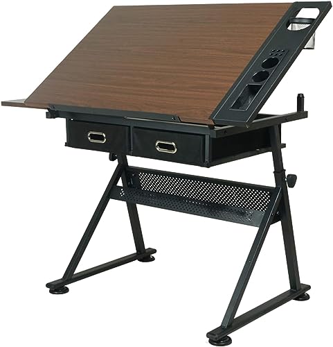 OGRAFF Height Adjustable Drafting Table with Storage Drawers, Brown