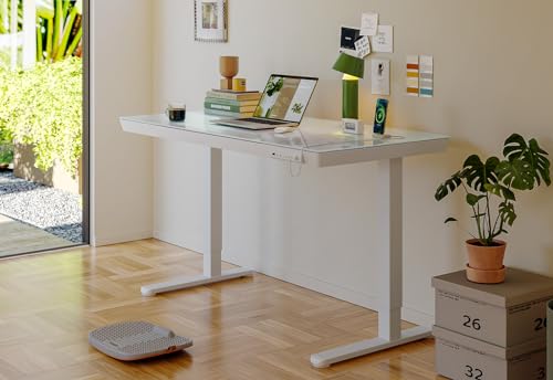 FEZIBO Electric Standing Desk 55 × 24 with Drawers, Glass Adjustable Height, Quick Install Sit Stand Desk - White