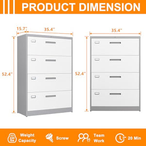 ZAOUS Lateral Filing Cabinet with Lock, 4 Drawer Metal File Cabinet for Home Office - Grey White