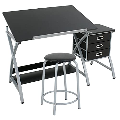 Adjustable Drawing Desk Drafting Table MDF with Drawers and Stool Supplies Adjustable Desk Craft Table Drafting Table Office Furniture Drawing Supplies Desk Drawing Table Craft Desk