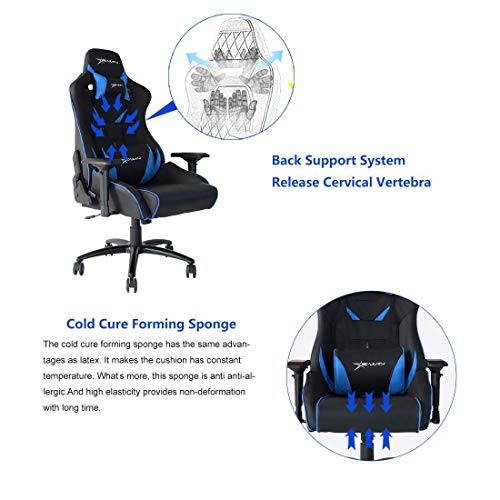 EWin Computer Gaming Office Chair 330lbs 4D Adjustable Armrests Ergonomic High-Back PU Leather Tilt Rocker Seat Height Adjustment Mechanisms Black Blue with Pillows(Flash Normal Series)