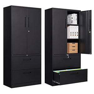 ZAOUS Metal File Cabinet 2 Drawer with Lock, Lateral Filing Cabinet, Adjustable Shelves - Black