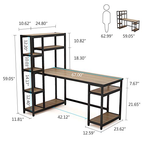 Tribesigns 67" Reversible Large Computer Desk with 9 Storage Shelves, Office Desk Study Table Writing Desk Workstation with Hutch Bookshelf for Home Office, Oak