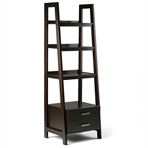 Simpli Home 3AXCSAW-06-BR Sawhorse Solid Wood 72 inch x 24 inch Modern Industrial Ladder Shelf with Storage in Dark Chestnut Brown