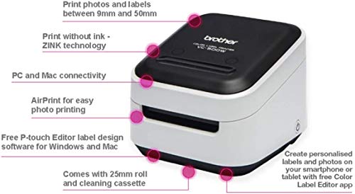 Brother VC-500W Versatile Compact Color Label and Photo Printer with Wireless Networking, White, 3.8" x 4.4" x 4.6" (VC500W)