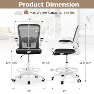 JIMUOO Drafting Chair with Flip Up Armrests, Mesh High Task Chair, Adjustable Foot Ring & Lumbar Support - White