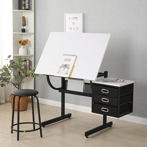 White Adjustable Drafting Drawing Table with Stool and 3 Drawers