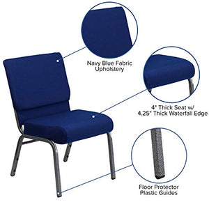 EMMA + OLIVER Stacking Church Chair 4 Pack 21" W Navy Blue Fabric - Silver Vein Frame