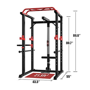 Power Cage 1000-Pound Capacity Exercise Stand Olympic Squat Cage Power Rack with LAT Pull-Down Attachment, Multi-Grip Pull-up Bar and Dip Handle for Men Women Strength Training Home Gym Equipment
