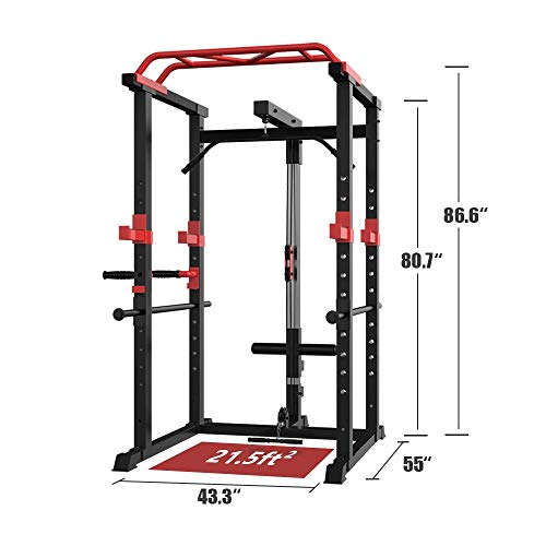 Multi-Functional Power Cage with LAT Pulldown,12 Height Adjustable Commercial Squat Rack 1000lb Capacity Home Gym Strength Training Equipment (86.61”H x 43.31”Wx 55.12”L)