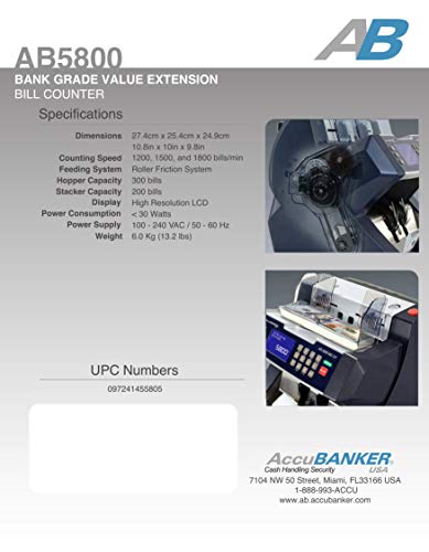 AccuBANKER Bank Grade Batch Value Bill Counter AB5800 Money Counter Machine with Total Value Per Denomination Hopper Capacity 300 Bills & Counterfeit Detector MG + UV (AB5800)