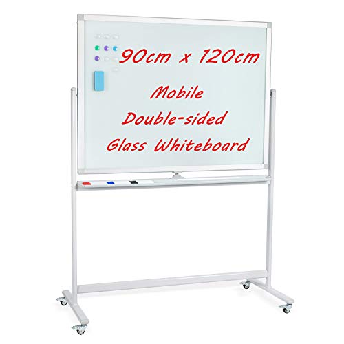 Mobile Glass Whiteboard 90 x 120 cm Magnetic Dry Erase Glass Board on Wheels